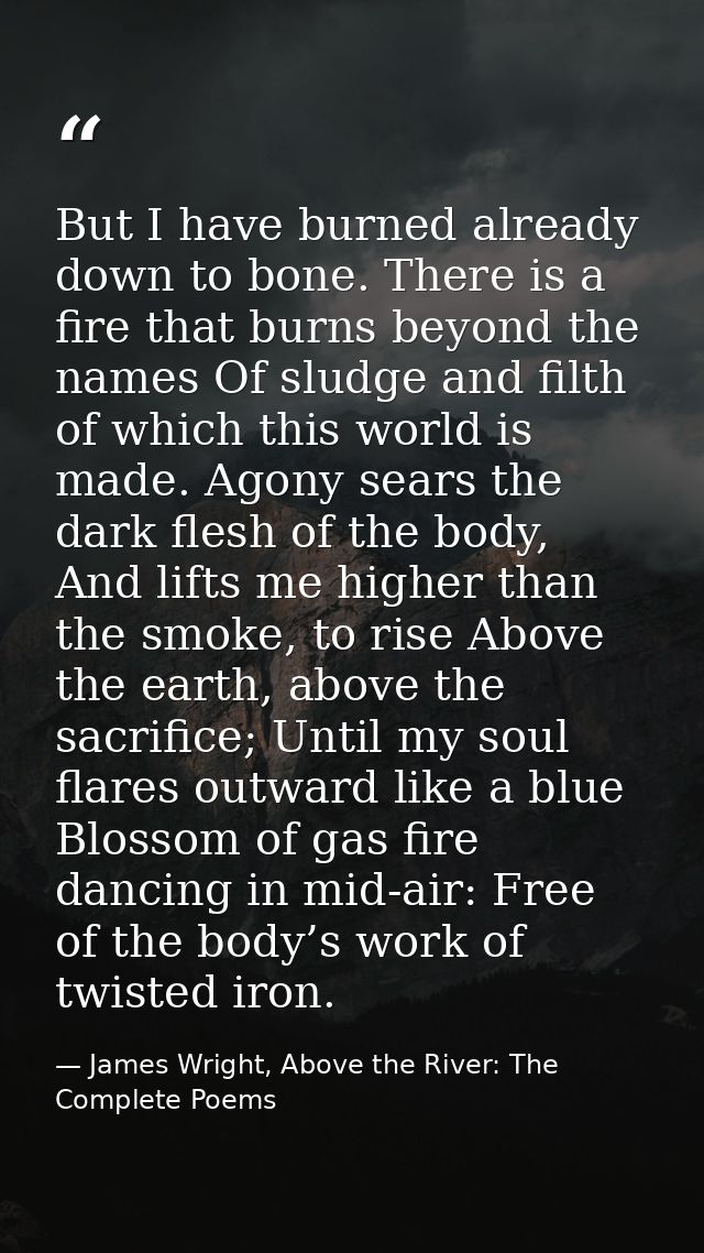 But I have burned already down to bone. There is a fire that burns beyond the names Of sludge and filth of which this wo — James Wright, Above the River: The Complete Poems
