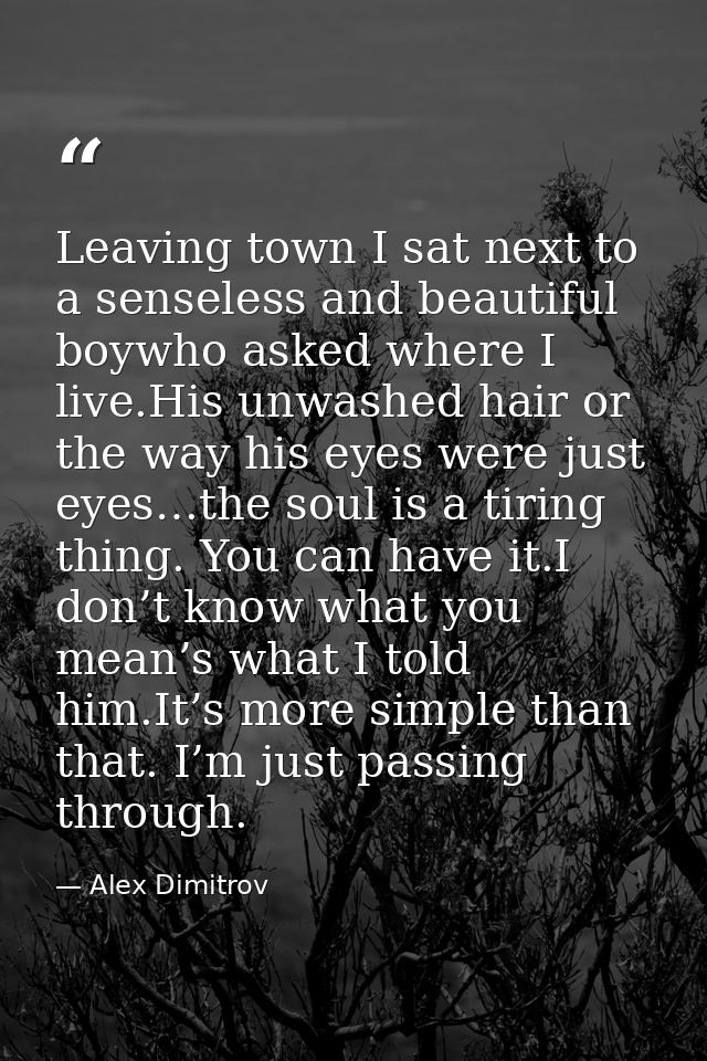 Leaving town I sat next to a senseless and beautiful boywho asked where I live.His unwashed hair or the way his eyes wer — Alex Dimitrov