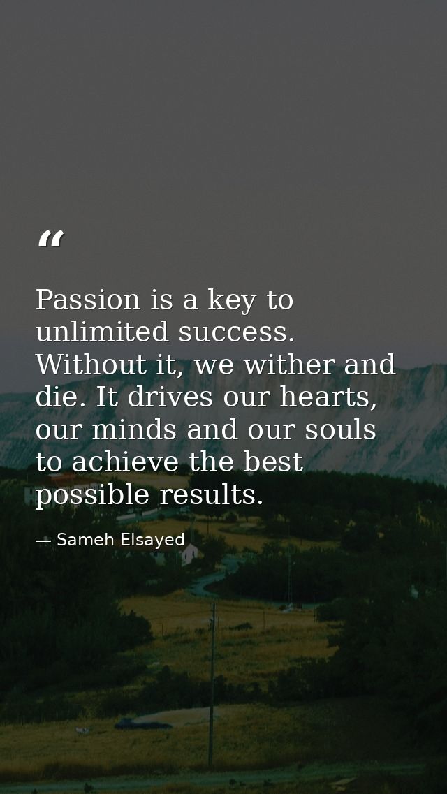 Passion is a key to unlimited success. Without it, we wither and die. It drives our hearts, our minds and our souls to a — Sameh Elsayed