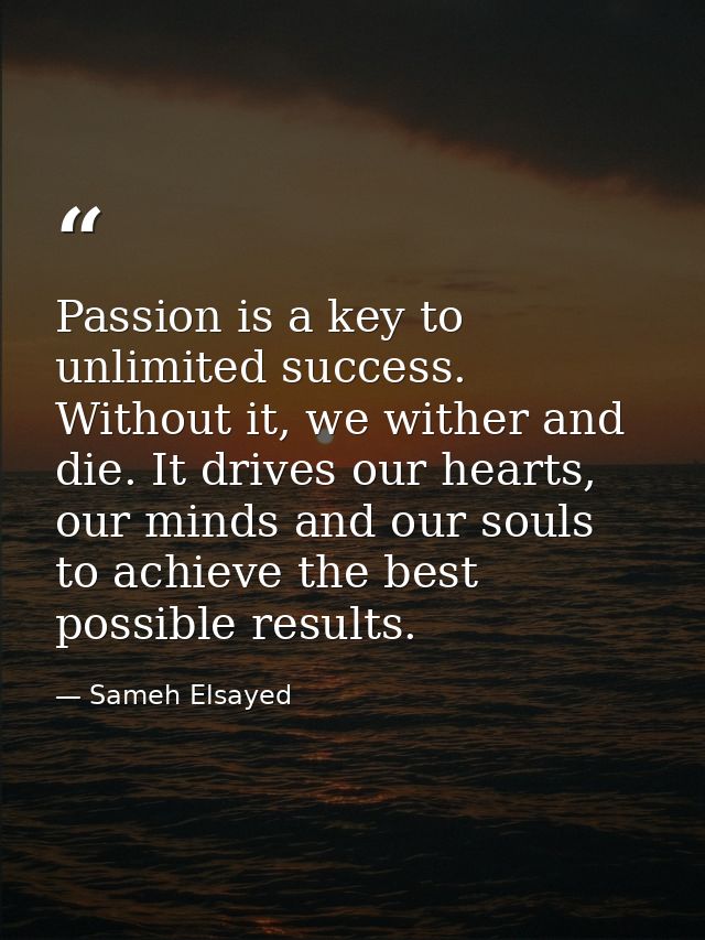 Passion is a key to unlimited success. Without it, we wither and die. It drives our hearts, our minds and our souls to a — Sameh Elsayed