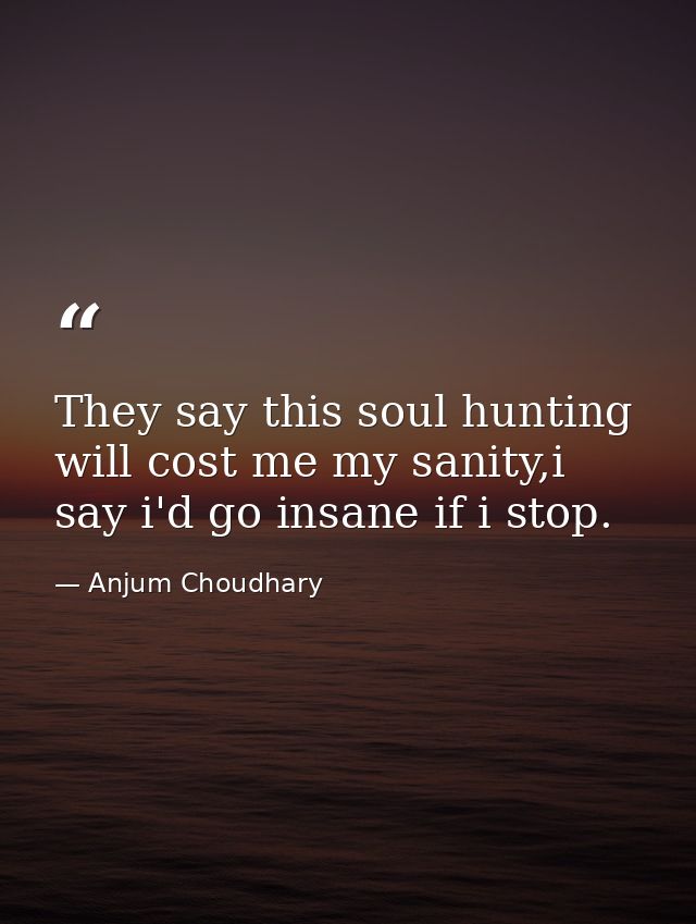 They say this soul hunting will cost me my sanity,i say i'd go insane if i stop. — Anjum Choudhary