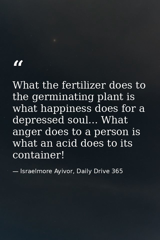 What the fertilizer does to the germinating plant is what happiness does for a depressed soul... What anger does to a pe — Israelmore Ayivor, Daily Drive 365