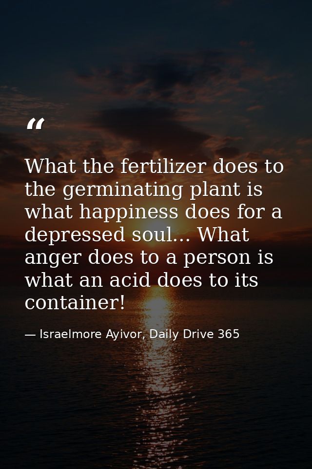 What the fertilizer does to the germinating plant is what happiness does for a depressed soul... What anger does to a pe — Israelmore Ayivor, Daily Drive 365