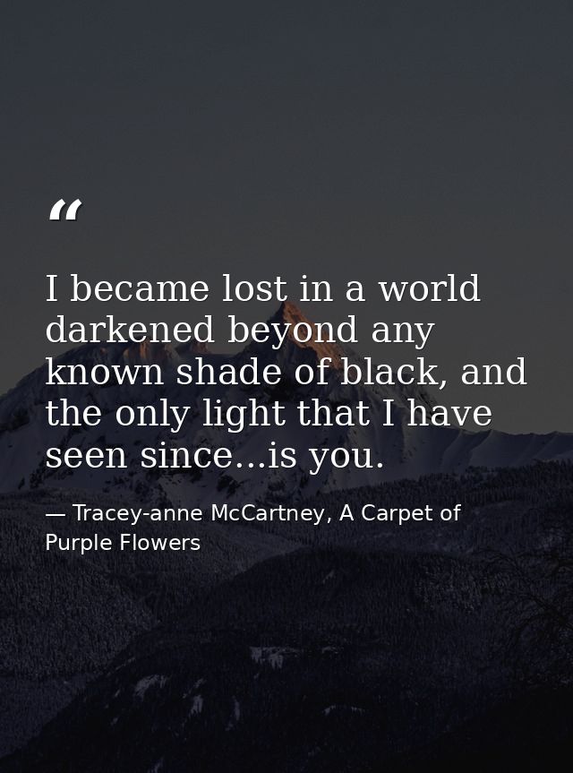 I became lost in a world darkened beyond any known shade of black, and the only light that I have seen since...is you. — Tracey-anne McCartney, A Carpet of Purple Flowers