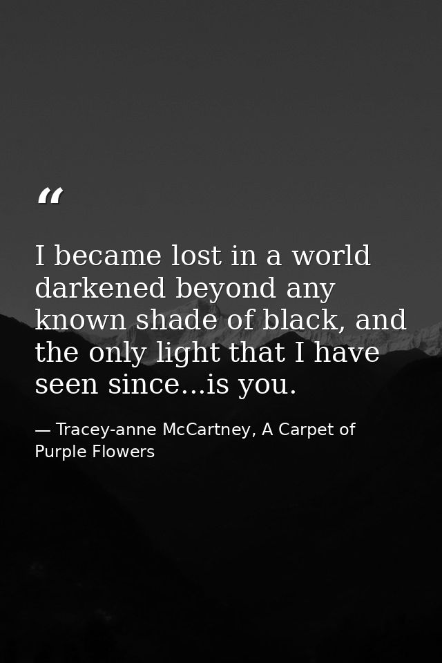 I became lost in a world darkened beyond any known shade of black, and the only light that I have seen since...is you. — Tracey-anne McCartney, A Carpet of Purple Flowers