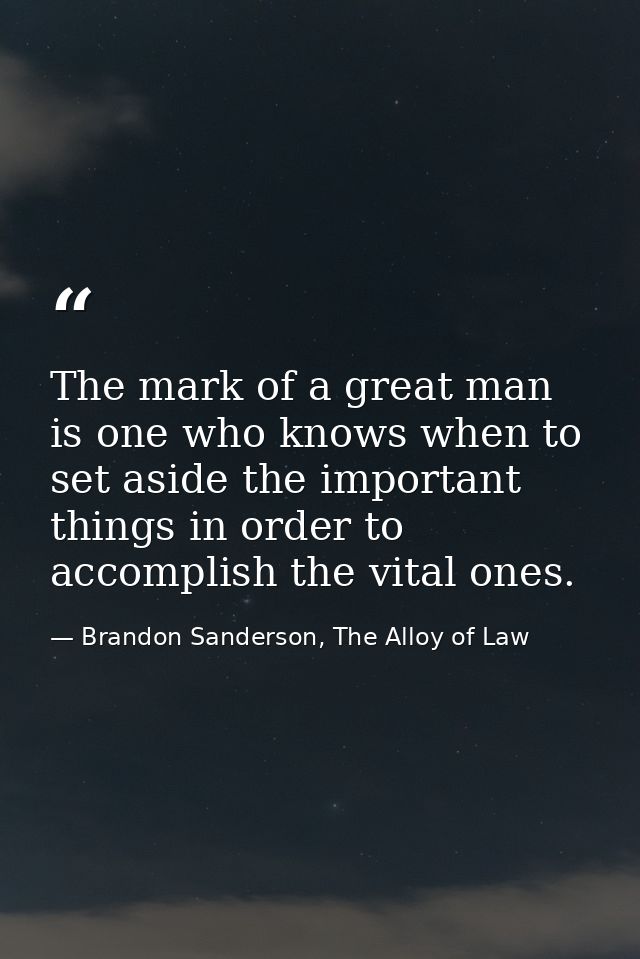 The mark of a great man is one who knows when to set aside the important things in order to accomplish the vital ones. — Brandon Sanderson, The Alloy of Law