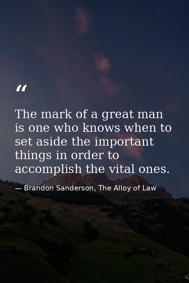The mark of a great man is one who knows when to set aside the important things in order to accomplish the vital ones. — Brandon Sanderson, The Alloy of Law