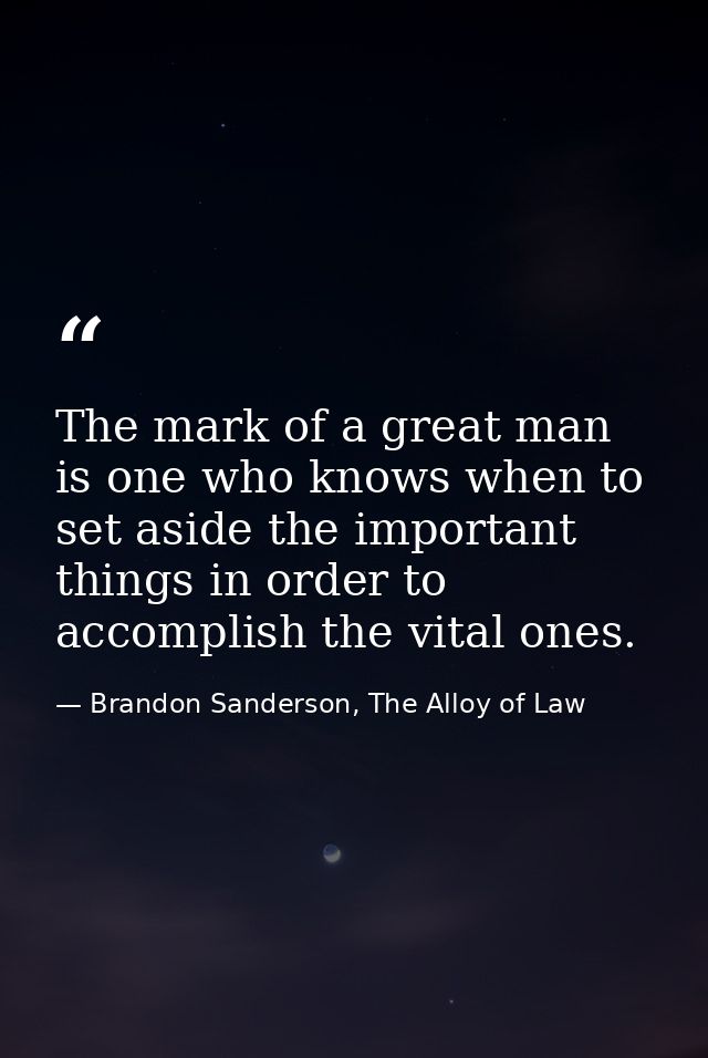 The mark of a great man is one who knows when to set aside the important things in order to accomplish the vital ones. — Brandon Sanderson, The Alloy of Law