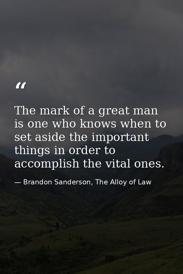 The mark of a great man is one who knows when to set aside the important things in order to accomplish the vital ones. — Brandon Sanderson, The Alloy of Law