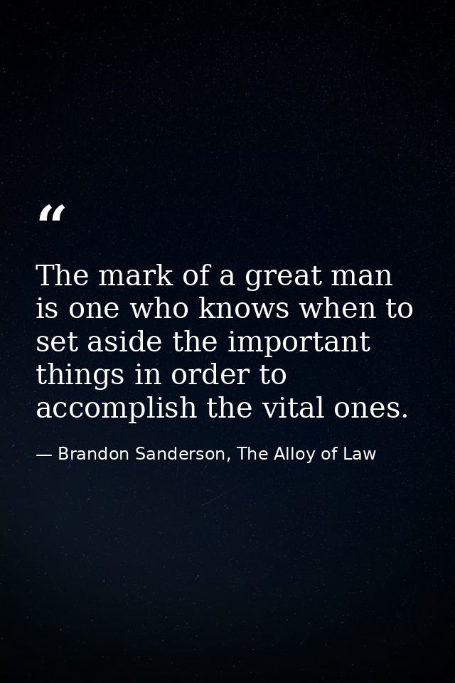 The mark of a great man is one who knows when to set aside the important things in order to accomplish the vital ones. — Brandon Sanderson, The Alloy of Law