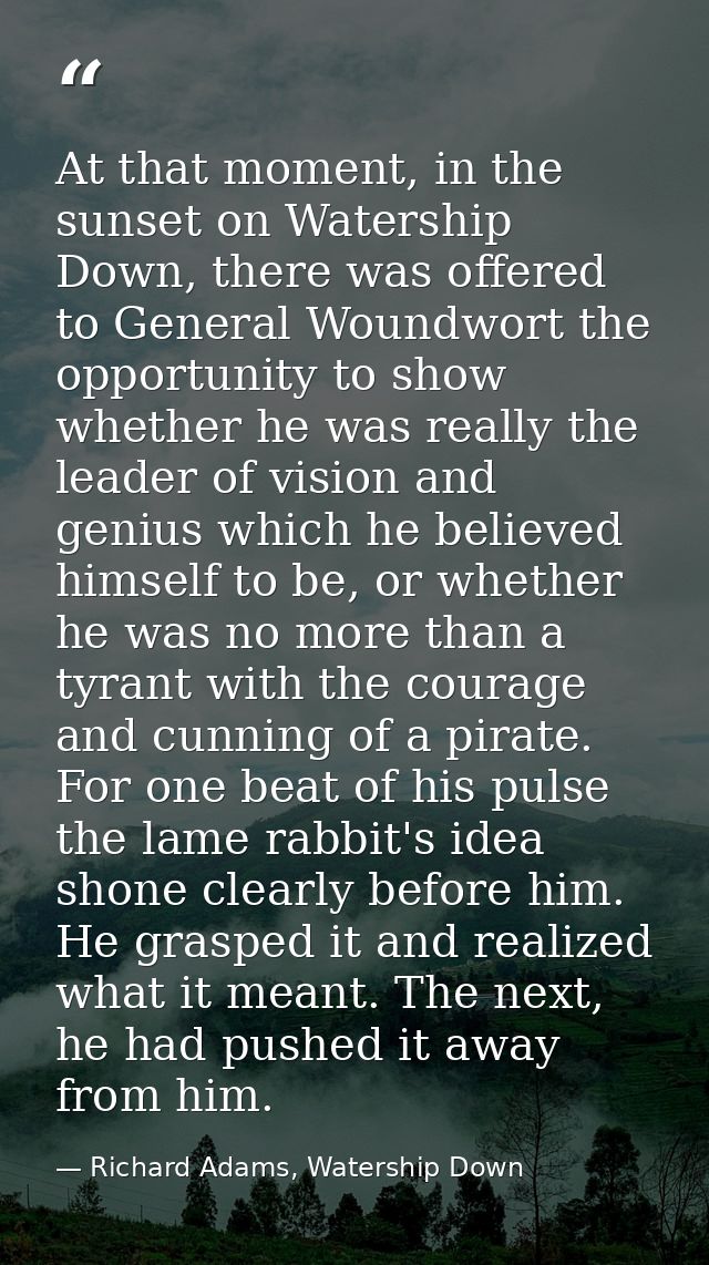 At that moment, in the sunset on Watership Down, there was offered to General Woundwort the opportunity to show whether  — Richard Adams, Watership Down