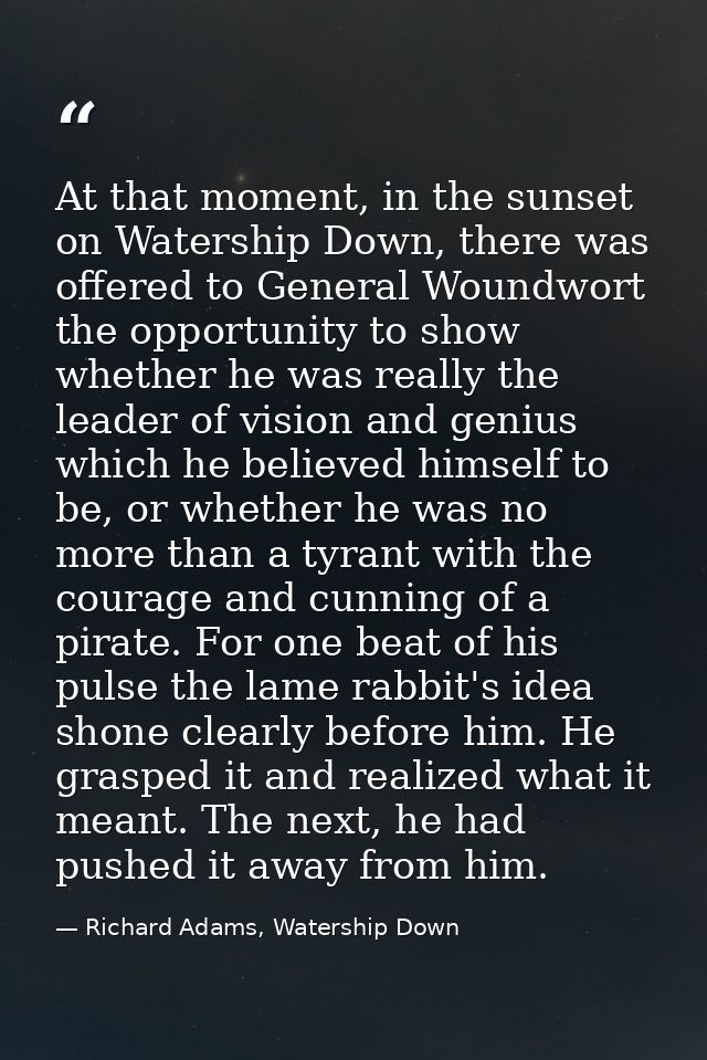 At that moment, in the sunset on Watership Down, there was offered to General Woundwort the opportunity to show whether  — Richard Adams, Watership Down