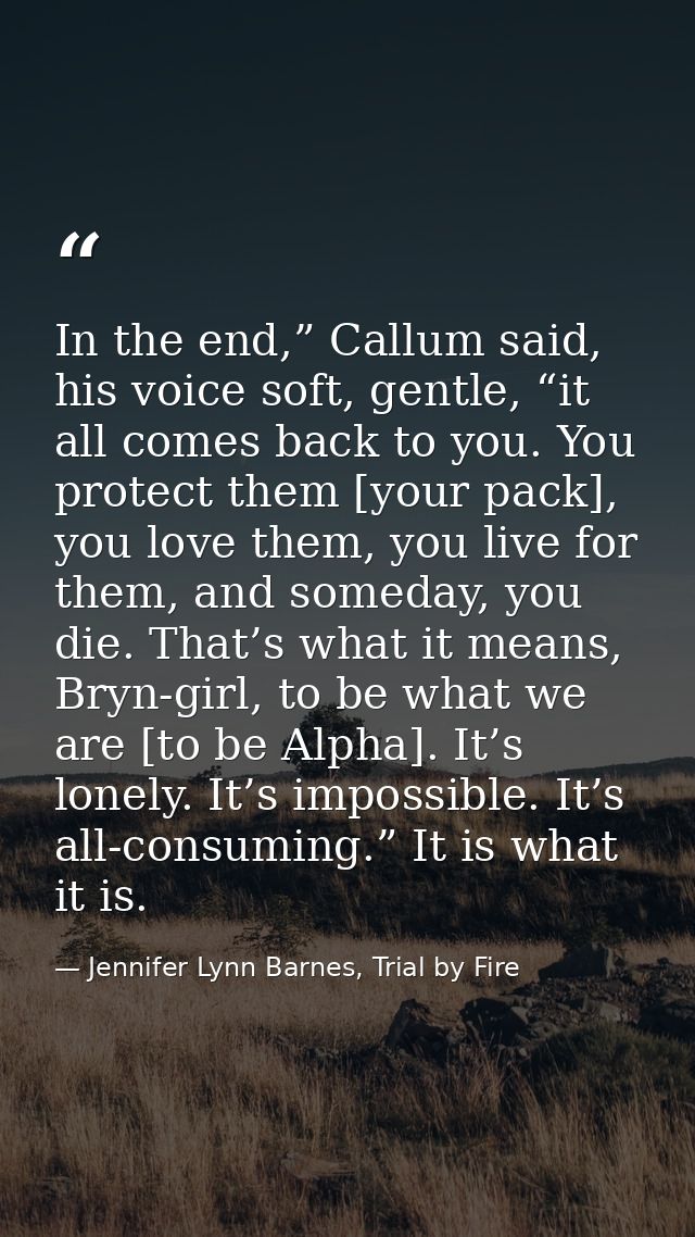 In the end,” Callum said, his voice soft, gentle, “it all comes back to you. You protect them [your pack], you love them — Jennifer Lynn Barnes, Trial by Fire