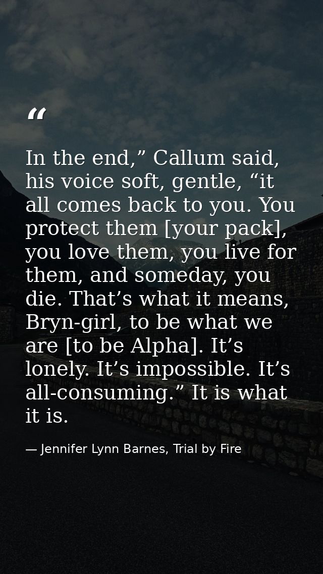 In the end,” Callum said, his voice soft, gentle, “it all comes back to you. You protect them [your pack], you love them — Jennifer Lynn Barnes, Trial by Fire