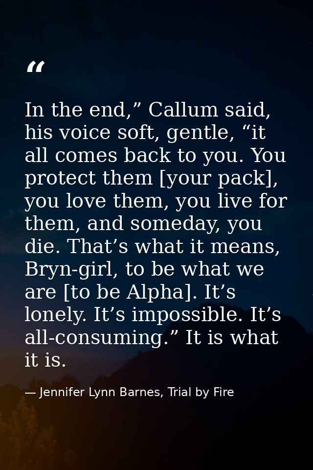 In the end,” Callum said, his voice soft, gentle, “it all comes back to you. You protect them [your pack], you love them — Jennifer Lynn Barnes, Trial by Fire