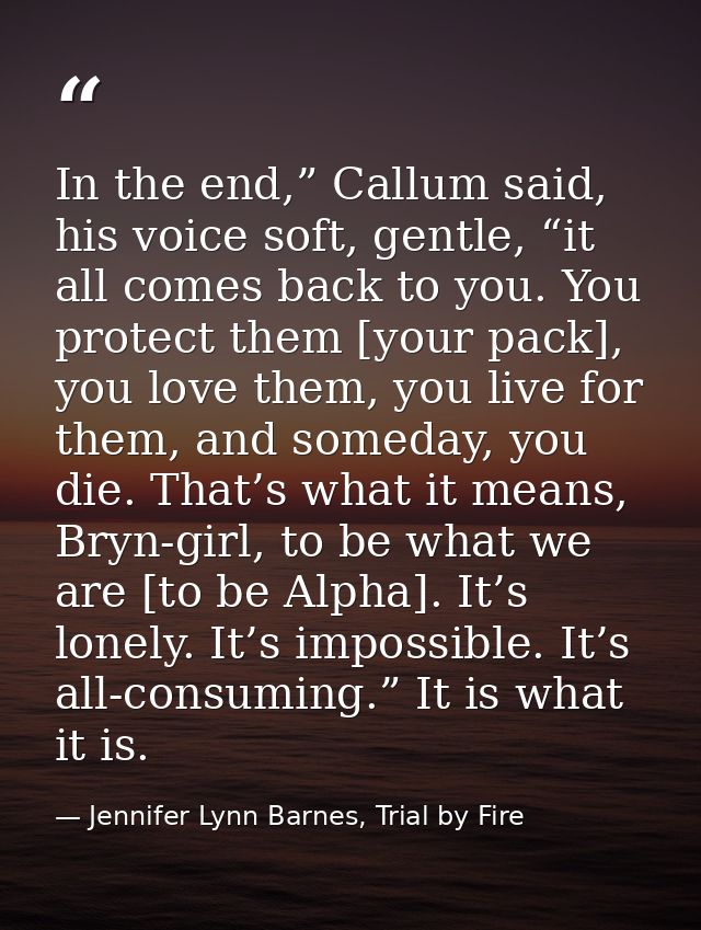 In the end,” Callum said, his voice soft, gentle, “it all comes back to you. You protect them [your pack], you love them — Jennifer Lynn Barnes, Trial by Fire