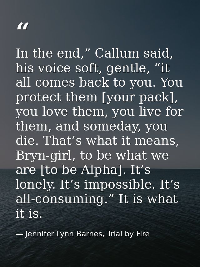 In the end,” Callum said, his voice soft, gentle, “it all comes back to you. You protect them [your pack], you love them — Jennifer Lynn Barnes, Trial by Fire