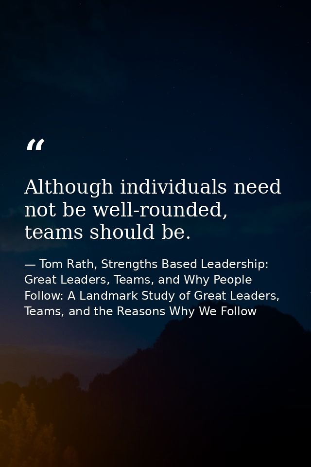 Although individuals need not be well-rounded, teams should be. — Tom Rath, Strengths Based Leadership: Great Leaders, Teams, and Why People Follow: A Landmark Study of Great Leaders, Teams, and the Reasons Why We Follow