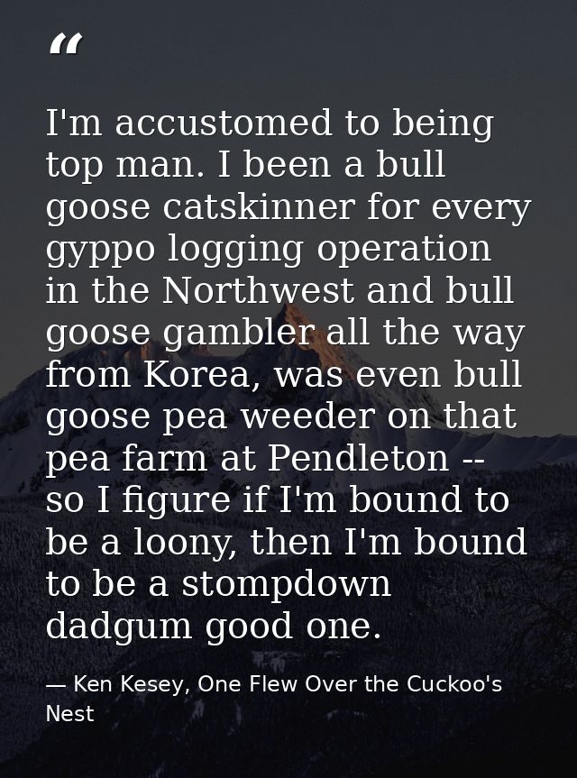 I'm accustomed to being top man. I been a bull goose catskinner for every gyppo logging operation in the Northwest and b — Ken Kesey, One Flew Over the Cuckoo's Nest