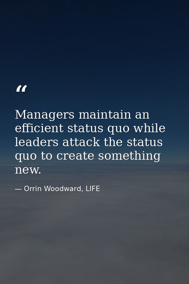 Managers maintain an efficient status quo while leaders attack the status quo to create something new. — Orrin Woodward, LIFE