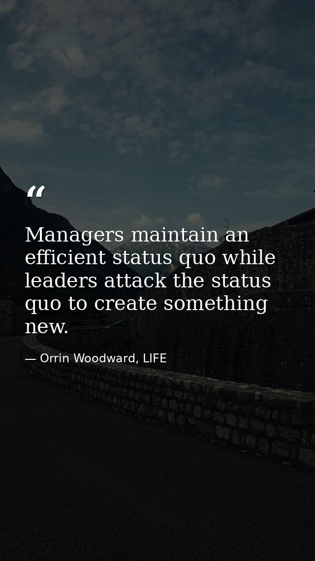 Managers maintain an efficient status quo while leaders attack the status quo to create something new. — Orrin Woodward, LIFE