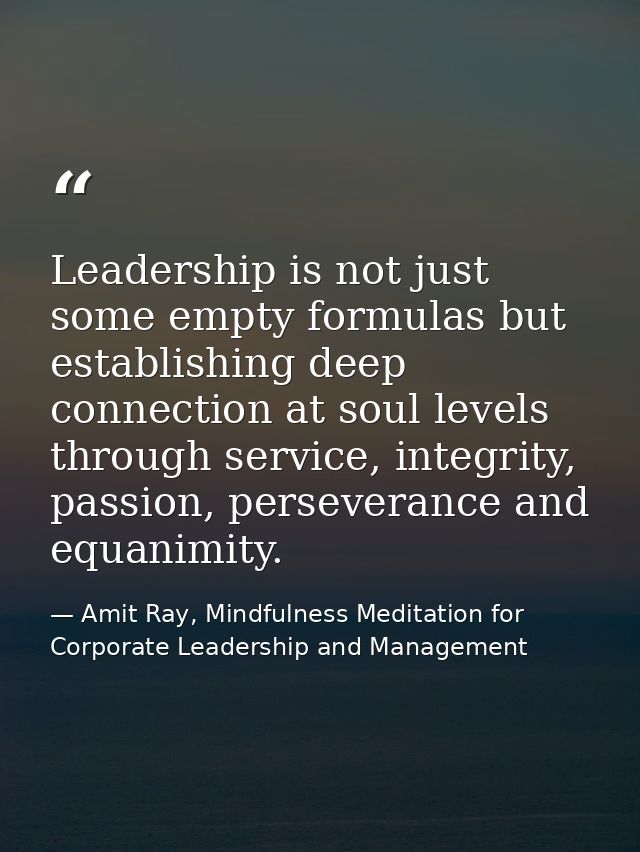 Leadership is not just some empty formulas but establishing deep connection at soul levels through service, integrity, p — Amit Ray, Mindfulness Meditation for Corporate Leadership and Management