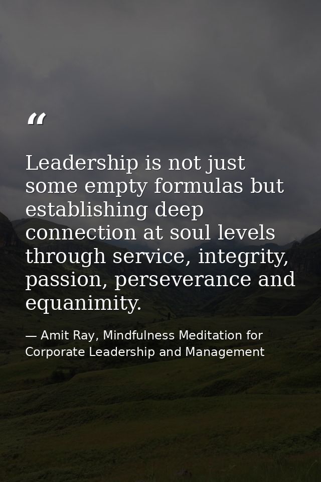 Leadership is not just some empty formulas but establishing deep connection at soul levels through service, integrity, p — Amit Ray, Mindfulness Meditation for Corporate Leadership and Management