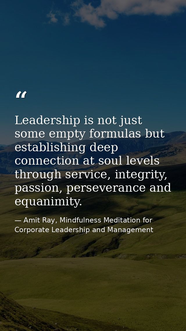 Leadership is not just some empty formulas but establishing deep connection at soul levels through service, integrity, p — Amit Ray, Mindfulness Meditation for Corporate Leadership and Management