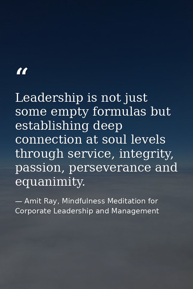 Leadership is not just some empty formulas but establishing deep connection at soul levels through service, integrity, p — Amit Ray, Mindfulness Meditation for Corporate Leadership and Management
