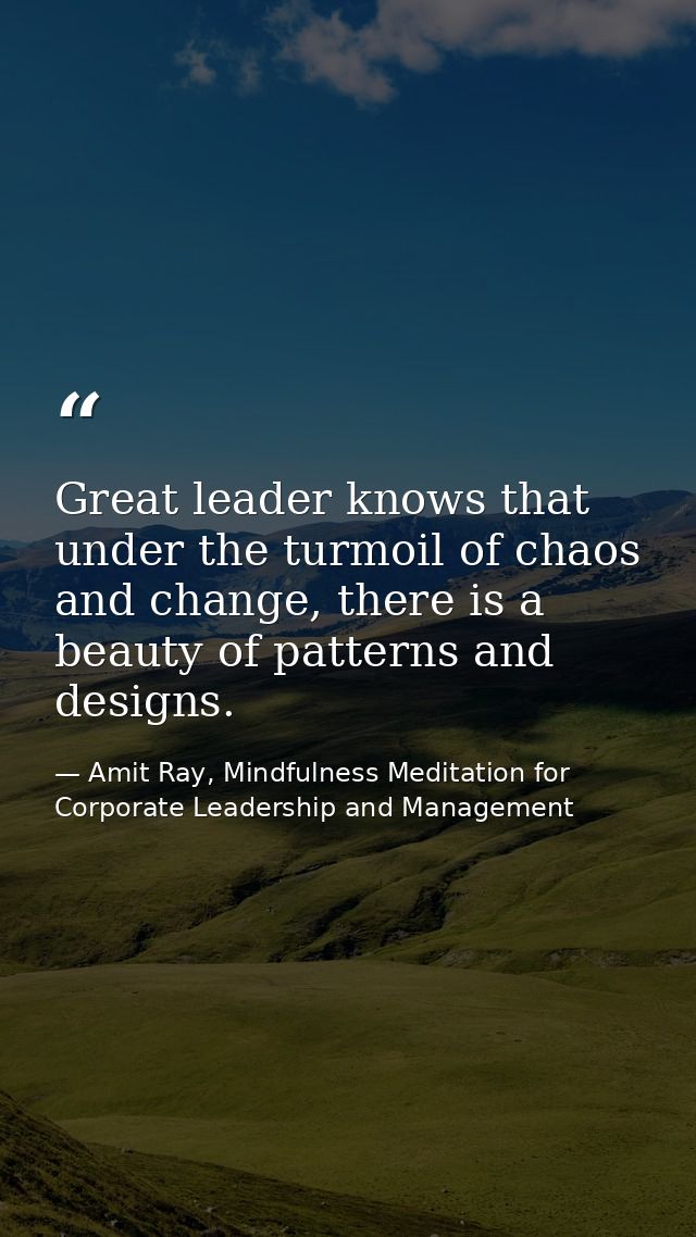 Great leader knows that under the turmoil of chaos and change, there is a beauty of patterns and designs. — Amit Ray, Mindfulness Meditation for Corporate Leadership and Management
