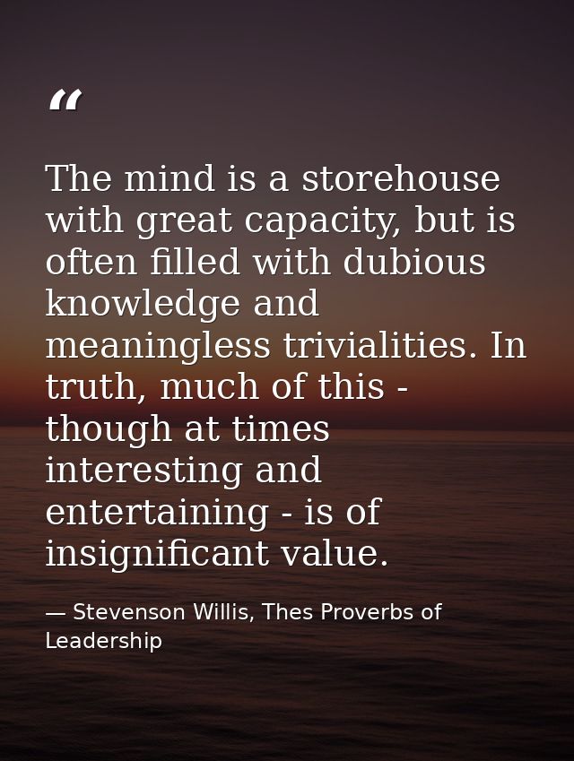The mind is a storehouse with great capacity, but is often filled with dubious knowledge and meaningless trivialities. I — Stevenson Willis, Thes Proverbs of Leadership