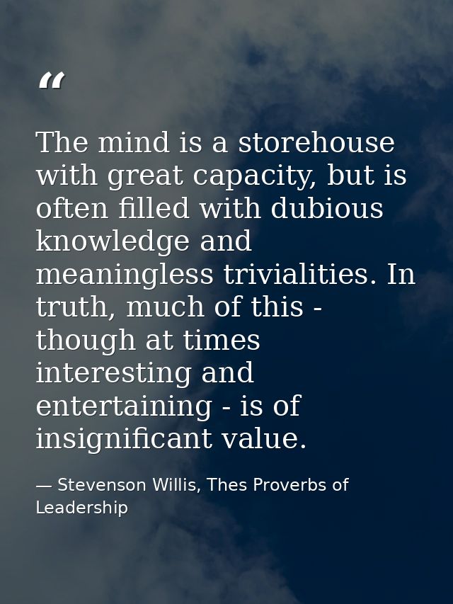The mind is a storehouse with great capacity, but is often filled with dubious knowledge and meaningless trivialities. I — Stevenson Willis, Thes Proverbs of Leadership