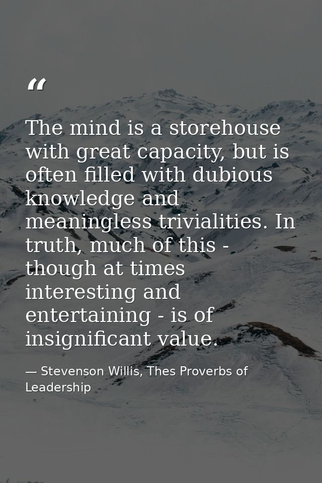 The mind is a storehouse with great capacity, but is often filled with dubious knowledge and meaningless trivialities. I — Stevenson Willis, Thes Proverbs of Leadership