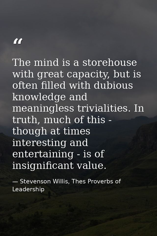 The mind is a storehouse with great capacity, but is often filled with dubious knowledge and meaningless trivialities. I — Stevenson Willis, Thes Proverbs of Leadership