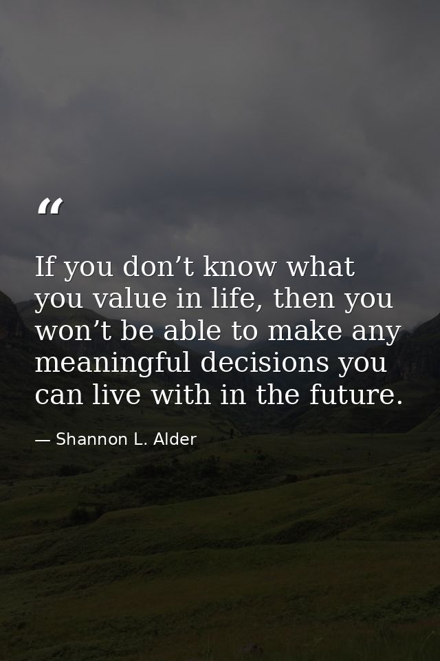 If you don’t know what you value in life, then you won’t be able to make any meaningful decisions you can live with in t — Shannon L. Alder