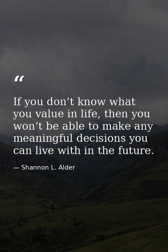 If you don’t know what you value in life, then you won’t be able to make any meaningful decisions you can live with in t — Shannon L. Alder