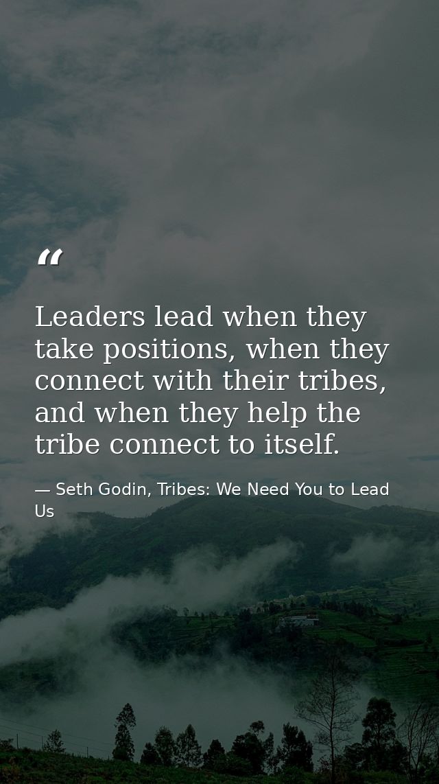 Leaders lead when they take positions, when they connect with their tribes, and when they help the tribe connect to itse — Seth Godin, Tribes: We Need You to Lead Us