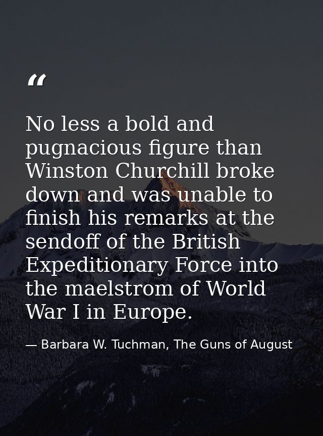 No less a bold and pugnacious figure than Winston Churchill broke down and was unable to finish his remarks at the sendo — Barbara W. Tuchman, The Guns of August