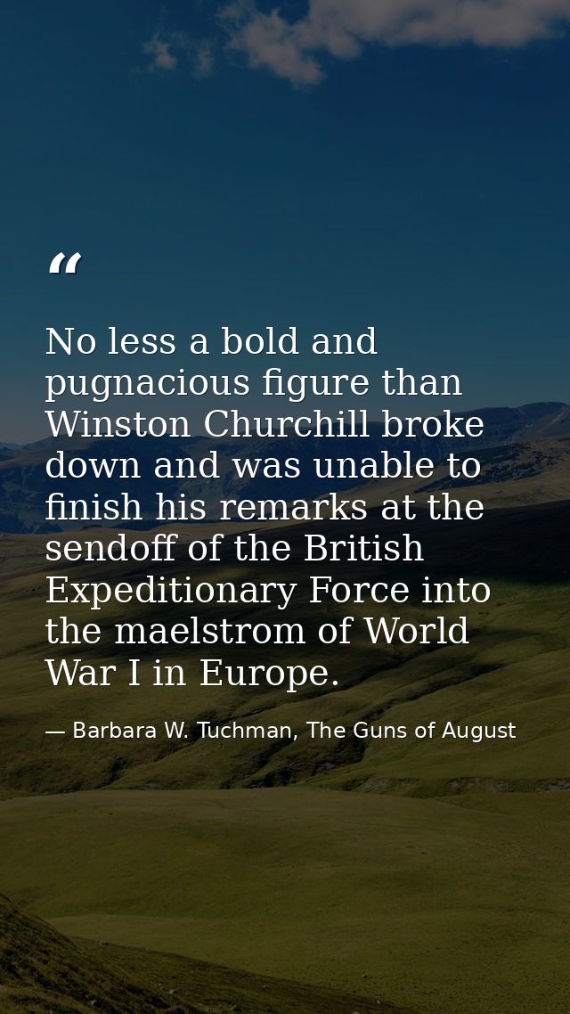 No less a bold and pugnacious figure than Winston Churchill broke down and was unable to finish his remarks at the sendo — Barbara W. Tuchman, The Guns of August