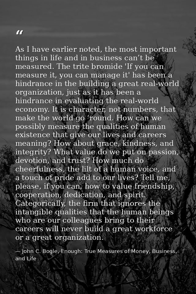 As I have earlier noted, the most important things in life and in business can’t be measured. The trite bromide 'If you  — John C. Bogle, Enough: True Measures of Money, Business, and Life