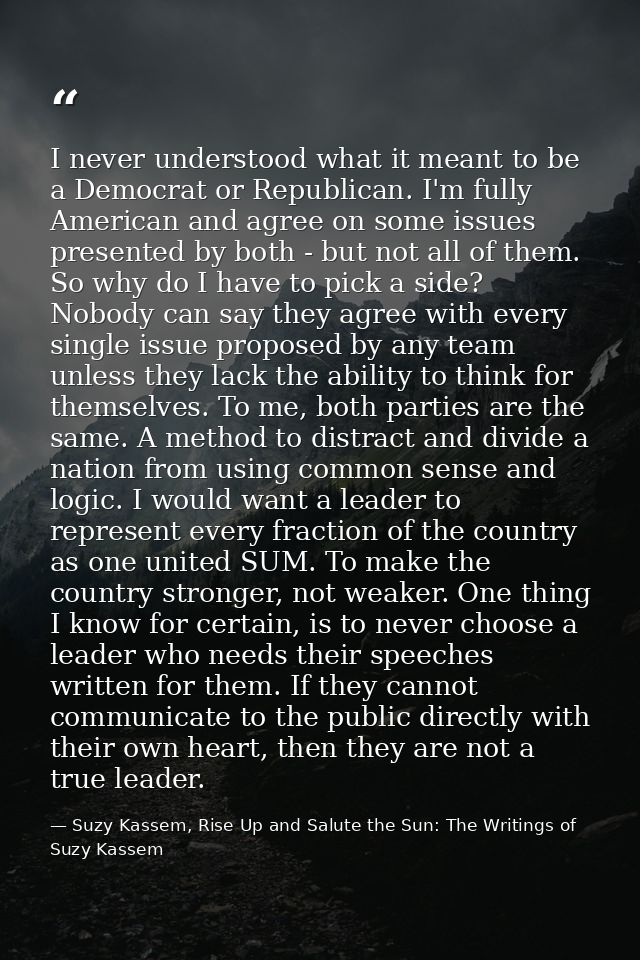 I never understood what it meant to be a Democrat or Republican. I'm fully American and agree on some issues presented b — Suzy Kassem, Rise Up and Salute the Sun: The Writings of Suzy Kassem