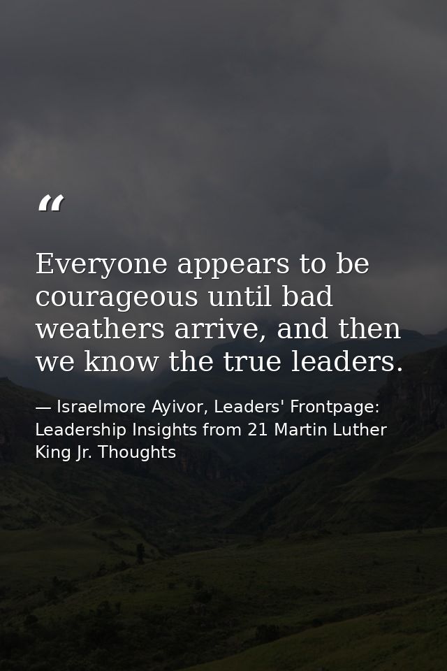 Everyone appears to be courageous until bad weathers arrive, and then we know the true leaders. — Israelmore Ayivor, Leaders' Frontpage: Leadership Insights from 21 Martin Luther King Jr. Thoughts