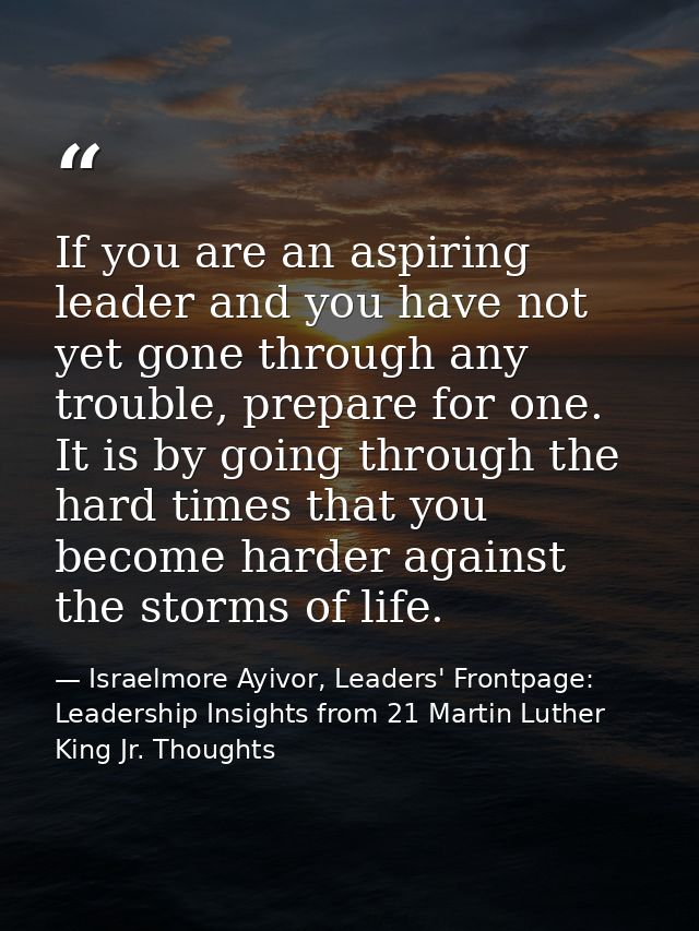 If you are an aspiring leader and you have not yet gone through any trouble, prepare for one. It is by going through the — Israelmore Ayivor, Leaders' Frontpage: Leadership Insights from 21 Martin Luther King Jr. Thoughts