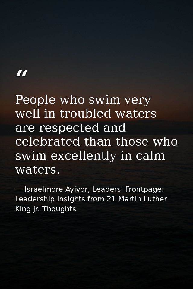 People who swim very well in troubled waters are respected and celebrated than those who swim excellently in calm waters — Israelmore Ayivor, Leaders' Frontpage: Leadership Insights from 21 Martin Luther King Jr. Thoughts