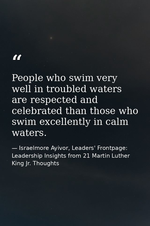 People who swim very well in troubled waters are respected and celebrated than those who swim excellently in calm waters — Israelmore Ayivor, Leaders' Frontpage: Leadership Insights from 21 Martin Luther King Jr. Thoughts