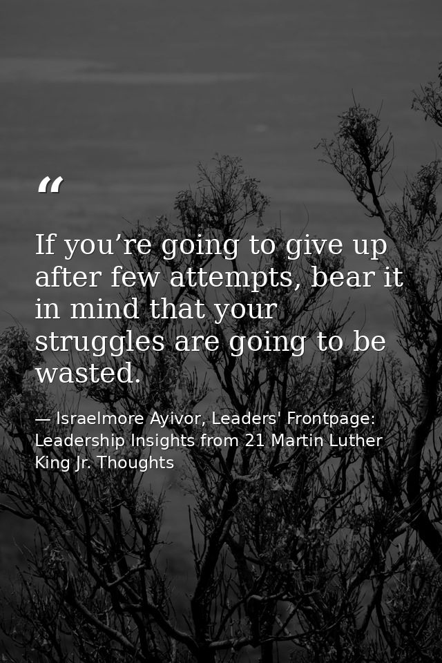 If you’re going to give up after few attempts, bear it in mind that your struggles are going to be wasted. — Israelmore Ayivor, Leaders' Frontpage: Leadership Insights from 21 Martin Luther King Jr. Thoughts