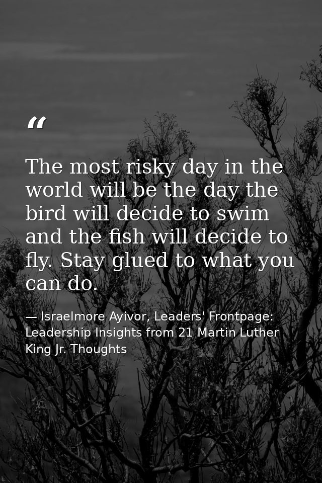 The most risky day in the world will be the day the bird will decide to swim and the fish will decide to fly. Stay glued — Israelmore Ayivor, Leaders' Frontpage: Leadership Insights from 21 Martin Luther King Jr. Thoughts