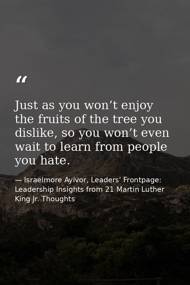 Just as you won’t enjoy the fruits of the tree you dislike, so you won’t even wait to learn from people you hate. — Israelmore Ayivor, Leaders' Frontpage: Leadership Insights from 21 Martin Luther King Jr. Thoughts