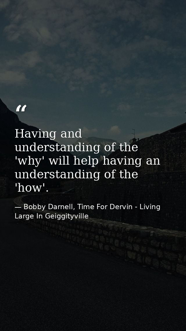 Having and understanding of the 'why' will help having an understanding of the 'how'. — Bobby Darnell, Time For Dervin - Living Large In Geiggityville