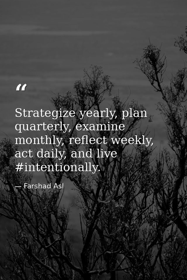 Strategize yearly, plan quarterly, examine monthly, reflect weekly, act daily, and live #intentionally. — Farshad Asl
